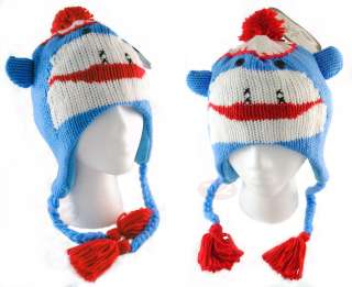 Kids New BLUE SOCK MONKEY Hat Cap Knit Fleece Youth Adult FREE 