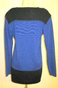 Vtg Black Royal Blue Sweater Knit Tunic MINI Dress M  