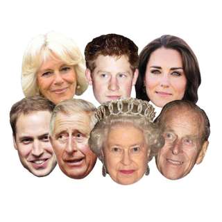 ROYAL FAMILY MASK SET x 7 QUEEN, PRINCE WILLIAM, KATE MIDDLETON 