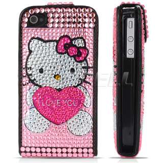 PINK HELLO KITTY HEART LEATHER BLING CASE FOR iPHONE 4  