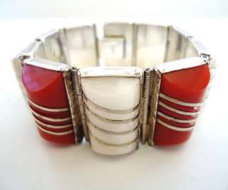   RED CORAL WHITE AGATE MEXICO MEXICAN STERLING SILVER BRACELET  