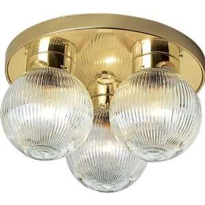    68 Ceiling Fixture with Clear, Ribbed Glass Globes, Polished Brass