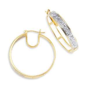  14K Yellow Gold Hoops Round White Diamond Earrings 