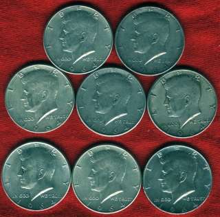 LOT OF 8 1964 90% SILVER KENNEDY HALF DOLLARS  