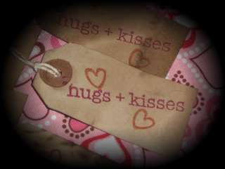10 Primitive Valentine Hang Tags Hugs & Kisses LOVE Hearts Ties  