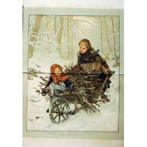  1886 Colour Print Children Wheel Barrow Snow Wood