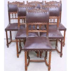   Antique French Carved Henry II Set 6 Dining Chairs