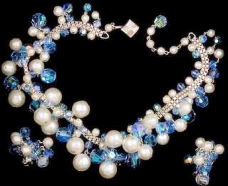   Signed Aurora Borealis Rhinestone & Pearl Necklace Earrings Set  