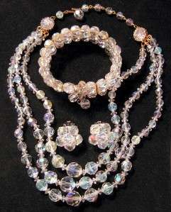   AURORA BOREALIS CRYSTAL NECKLACE BRACELET EARRINGS SET Estate Jewelry
