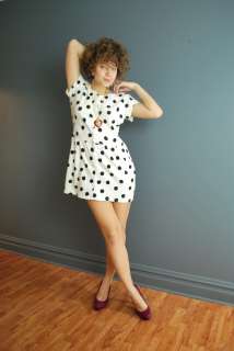 Vintage 80s M white black polka dot print puff mini dress  