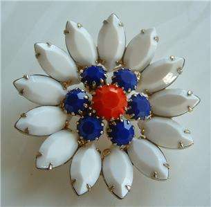   Vintage Patriotic Red Blue White Milk Glass Cluster Flower Brooch Pin