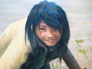 Cambodia little girl collecting fish oil painting art A  