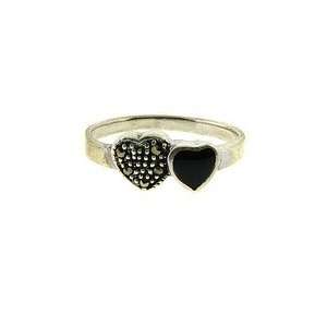   Silver Marcasite and Black Onyx Two Heart Ring Size#7 Jewelry