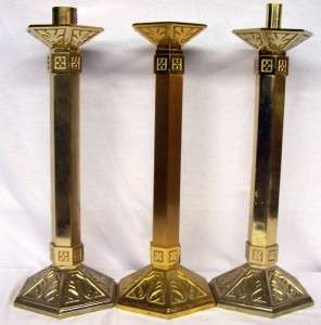 Antique Altar Candlesticks Crucifix Set 3 Brass Bronze  