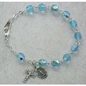   Silver Youth Girls Rosary Bracelet Aqua March Birthstone. Jewelry