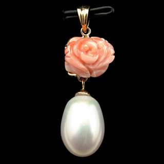Natural coral carved rose & Teardrop FW Pearl Solid 14K Yellow Gold 