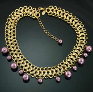   Intricate Textured Link Gold Tone Purple Bead Drop Dangle Necklace