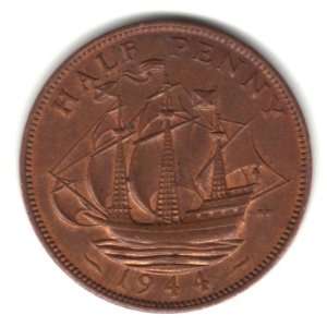  1944 UK Great Britain England Half Penny Coin KM#844 