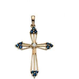  14K Yellow Gold Sapphire & Diamond Cross Pendant Jewelry