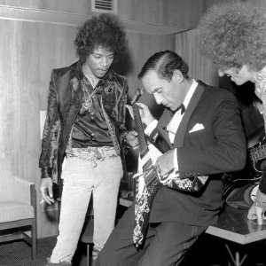 Jimi Hendrix with Jeremy Thorpe at the Royal Festival Hall Back Stage 
