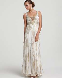 Sue Wong Metallic Silk Jacquard Beaded Gown  
