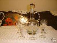 1930s ETCHED CRYSTAL DECANTER W/ 5 ETCHED STEM GLASSES  