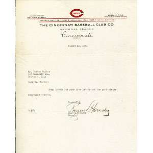 Rogers Hornsby Autographed Cincinnati Reds Letter
