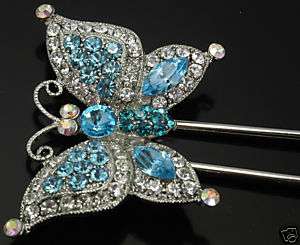 Silver Tone Buttefly Hair Stick Blue Zircon Crystal  
