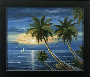 Sunset Beach Ocean Palm Trees Art FRAMED OIL PAINTING  