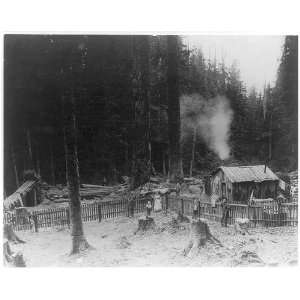   operations,Cascade Mountains,shack,picket fence,US Flag,c1906 1923