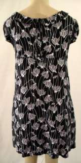 Sz 10 H & M Black Gray Floral Jersey Rayon Mini Babydoll Dress Ruffle 