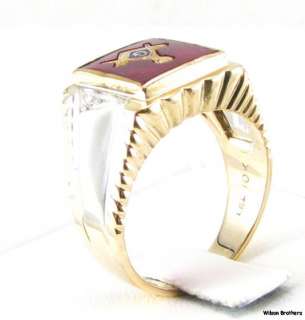 Red Stone Masonic Diamond Ring   10k White Yellow Gold Square Compass 