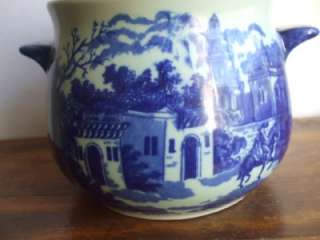 Vintage Blue Willow Style Bean Pot Crock w/ Ladle Victoria Ware Double 