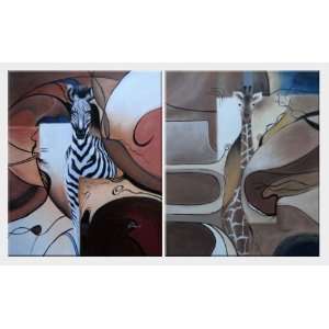  Giraffe and Zebra   2 Canvas Set Oil Painting 24 x 40 