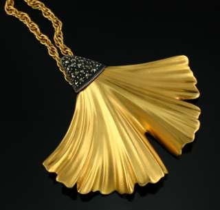   Marcasite Gold Two Tone Pendant Necklace Ginko Ginkgo Leaf 2.5 Big