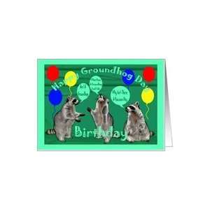  Groundhog Day Birthday, Raccoons with balloons Card 