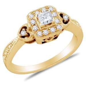 Size 8   14K Yellow Gold Diamond Heart Halo Style Engagement Ring 
