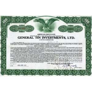  General Tin Investments, Ltd Stock Certificate 1960s 