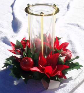 New Christmas Pillar Candle Garland Pointsettia Glass & Metal Holder