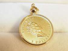 Canada 5 Dollar 1990 Maple Gold Coin In Pendant Holder 1/10 oz. .9999 
