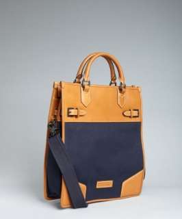 Ben Minkoff navy and tan canvas Moe leather trim tote