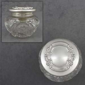   Jar, Glass w/ Sterling Lid Flower & Scroll Design