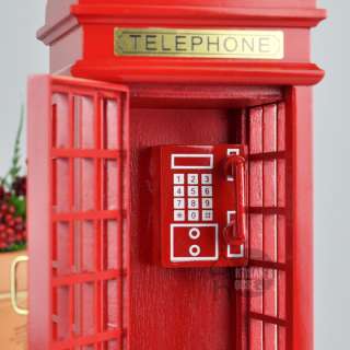 Vintage Wind Up Wooden Toy Music Box, Red Phone Booth  