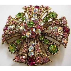  Vintage Style Large Pink & Green Crystal Pin Brooch 