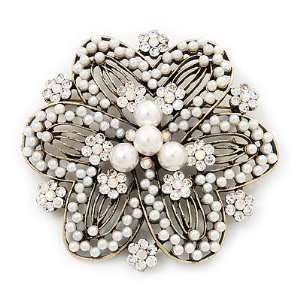  Large Vintage Filigree Faux Pearl Flower Brooch In Antique 