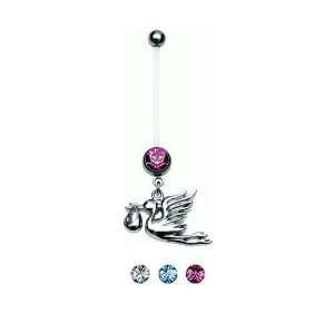 Bioflex Pregnancy Belly Ring with Stork Dangle and Aqua Crystals   14g 