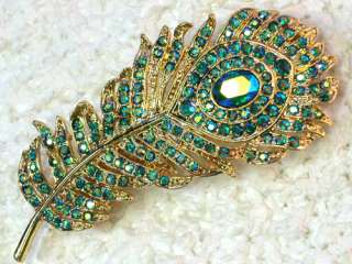 EMERALD COLOR AB PEACOCK FEATHER PIN BROOCH C569  