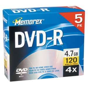  Memorex 4.7GB DVD R Media (5 Pack with Jewel Cases 