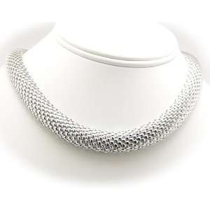 Rhodium Plated Basket Weave Mesh Sterling Silver Chain Necklace Italy 