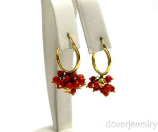 Vintage 18K Gold Red Coral Small Hoop Earrings NR  